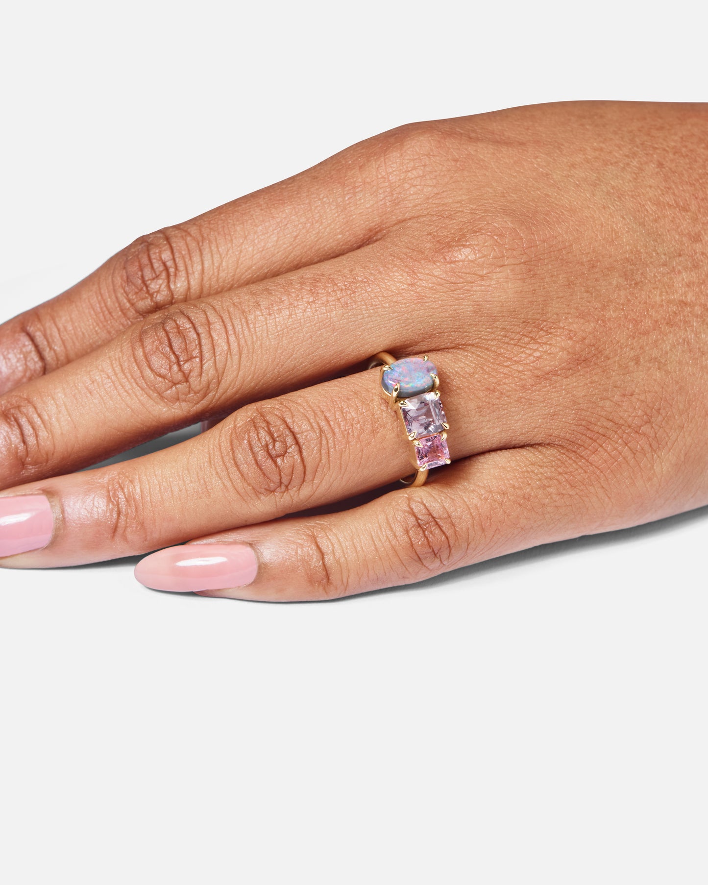 One-off Black Opal, Pink Garnet & Spinel Splice Ring In 18ct Yellow Gold, Size P (In Stock)