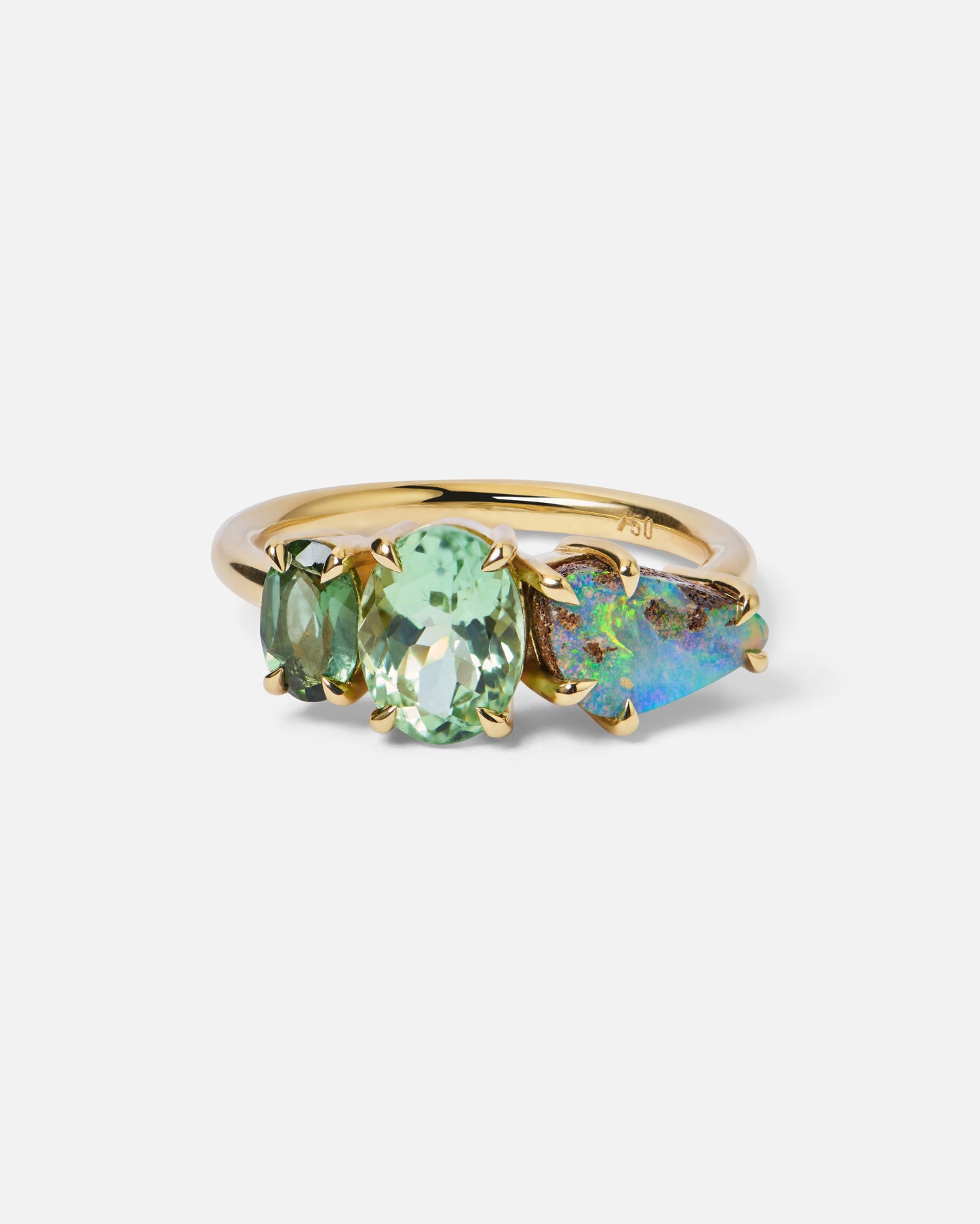 One-Off Boulder Opal And Green Tourmaline Splice Ring In 18ct Yellow Gold, Size M (In Stock)