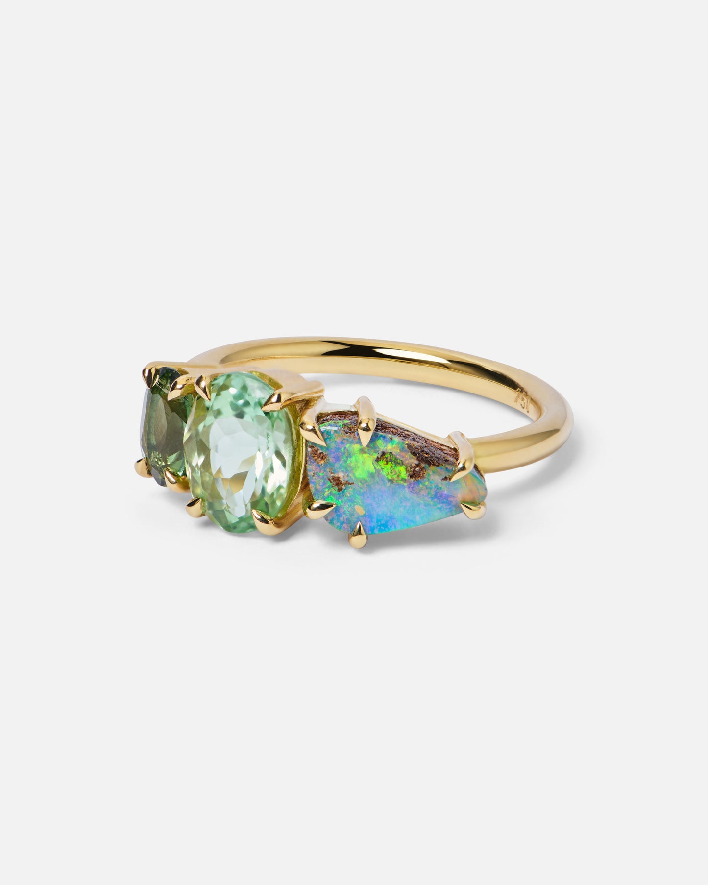 One-Off Boulder Opal And Green Tourmaline Splice Ring In 18ct Yellow Gold, Size M (In Stock)