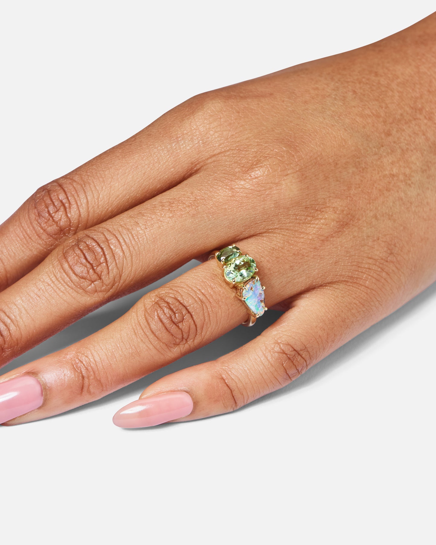 One-Off Boulder Opal And Green Tourmaline Splice Ring In 18ct Yellow Gold, Size M (In Stock)