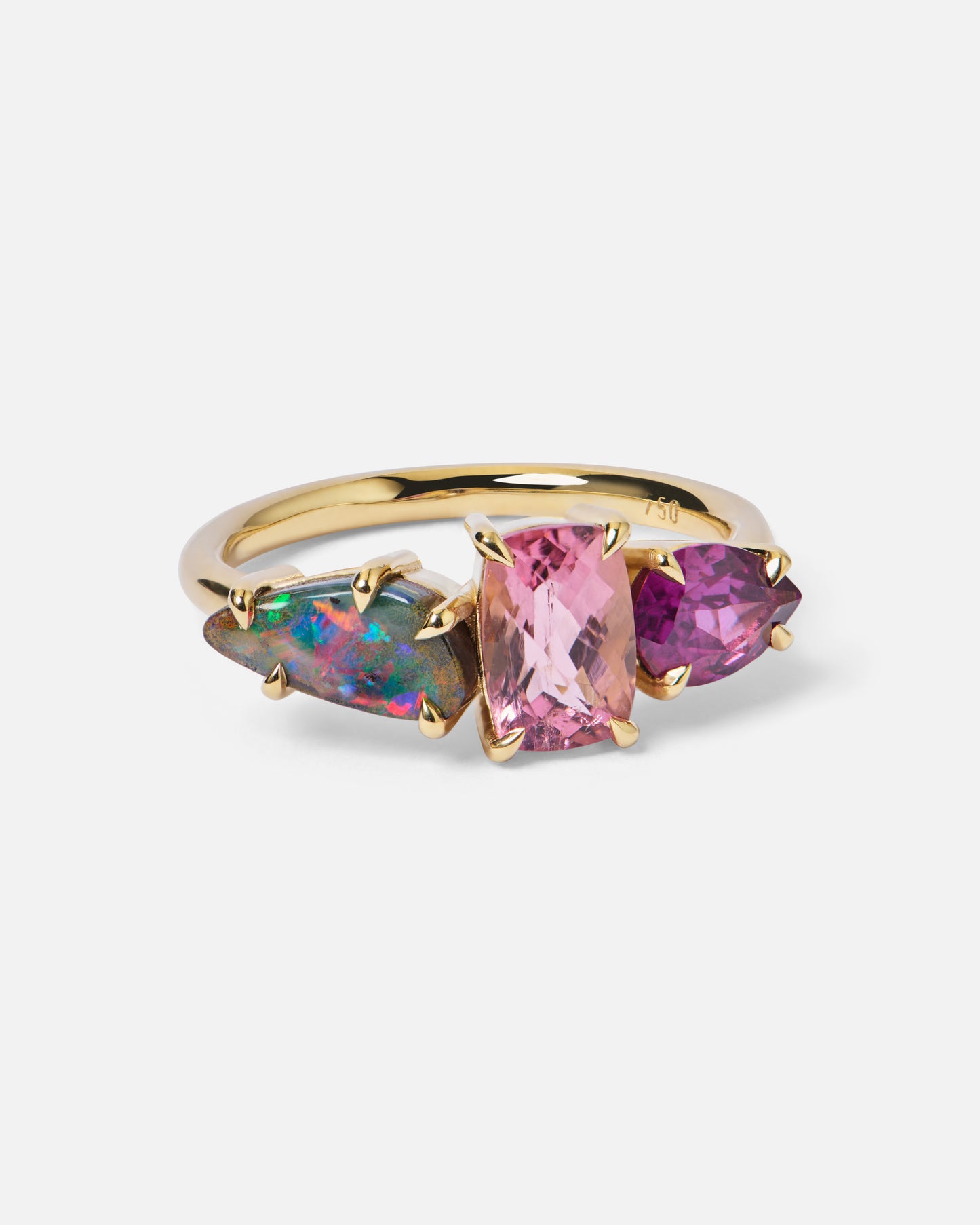 One-Off Boulder Opal, Pink Tourmaline And Rhodolite Garnet Splice Ring In 18ct Yellow Gold, Size N (In Stock)