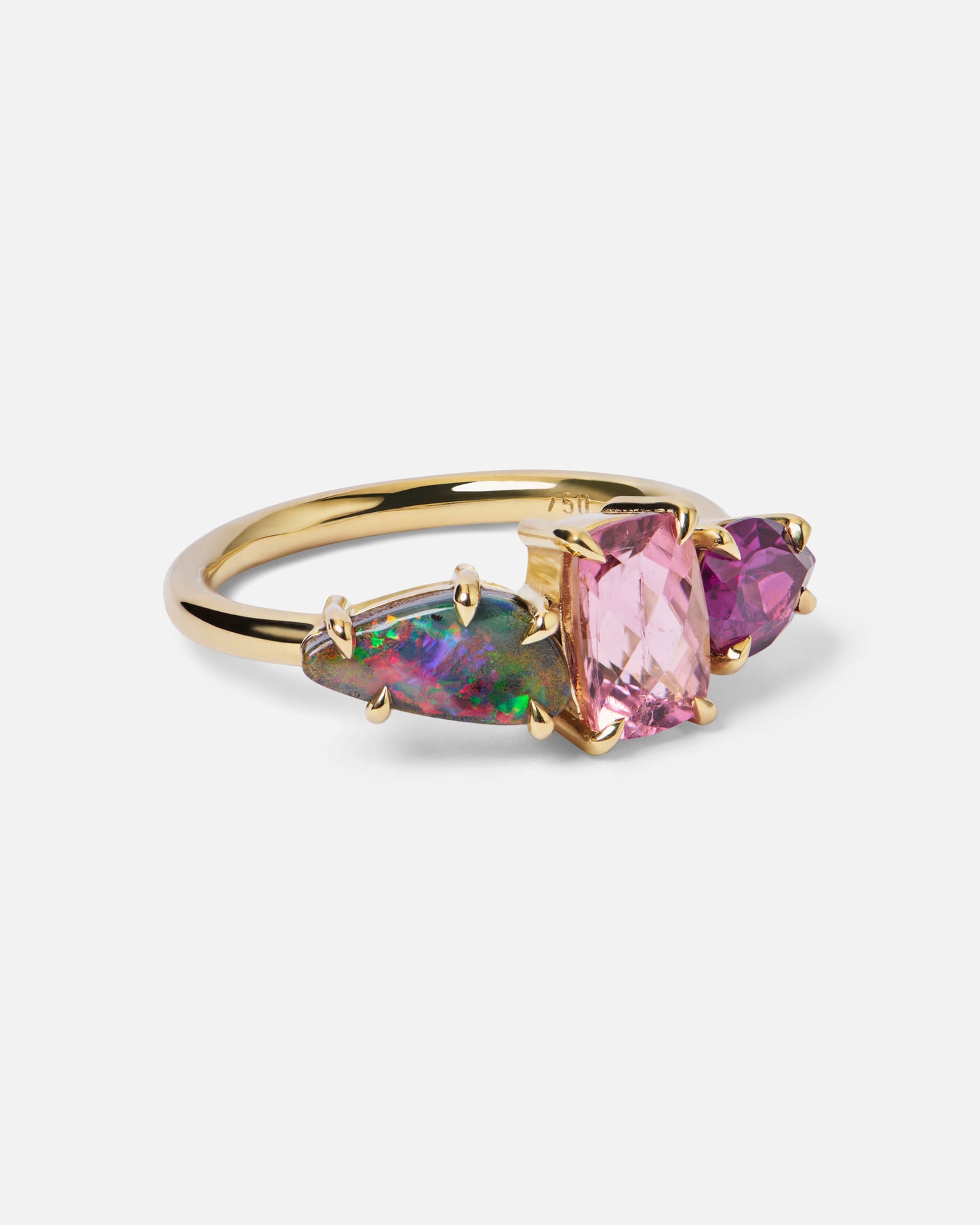One-Off Boulder Opal, Pink Tourmaline And Rhodolite Garnet Splice Ring In 18ct Yellow Gold, Size N (In Stock)