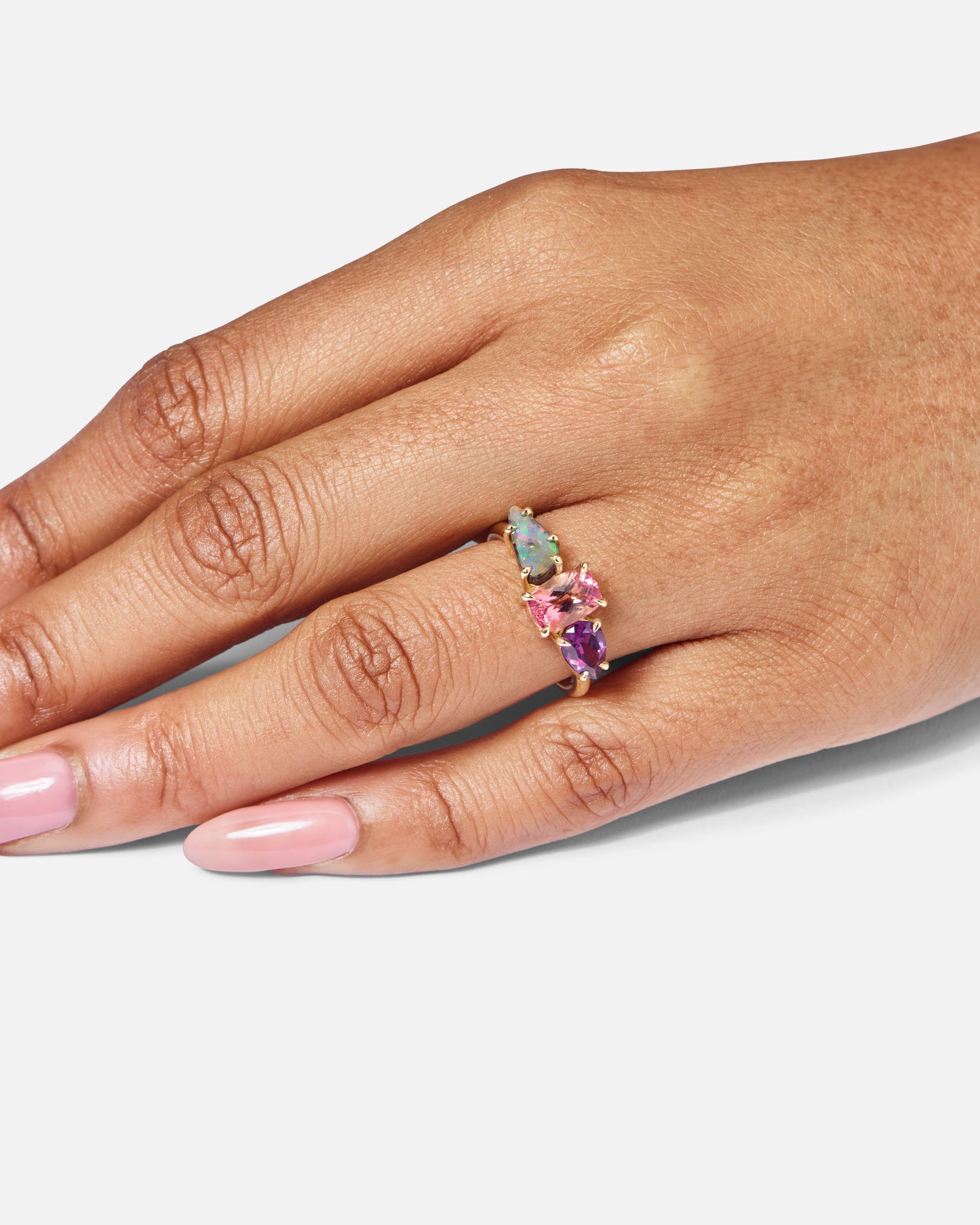One-Off Boulder Opal, Pink Tourmaline And Rhodolite Garnet Splice Ring In 18ct Yellow Gold, Size N (In Stock)