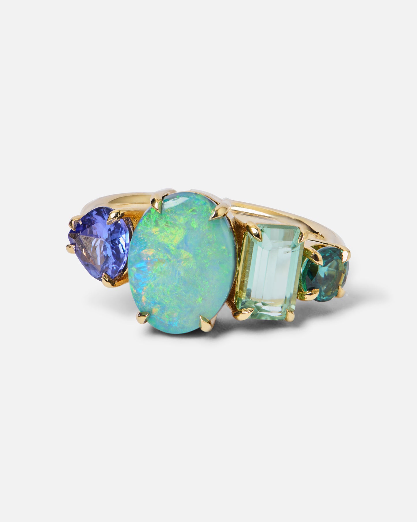 One-off Boulder Opal, Tanzanite, Green Tourmaline And Sapphire Splice Ring In 18ct Yellow Gold, Size Q (In Stock)