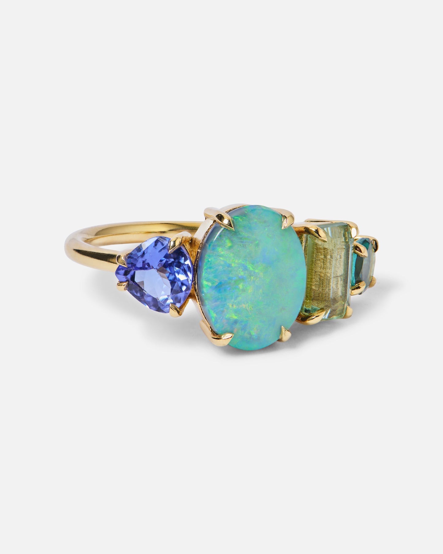 One-off Boulder Opal, Tanzanite, Green Tourmaline And Sapphire Splice Ring In 18ct Yellow Gold, Size Q (In Stock)
