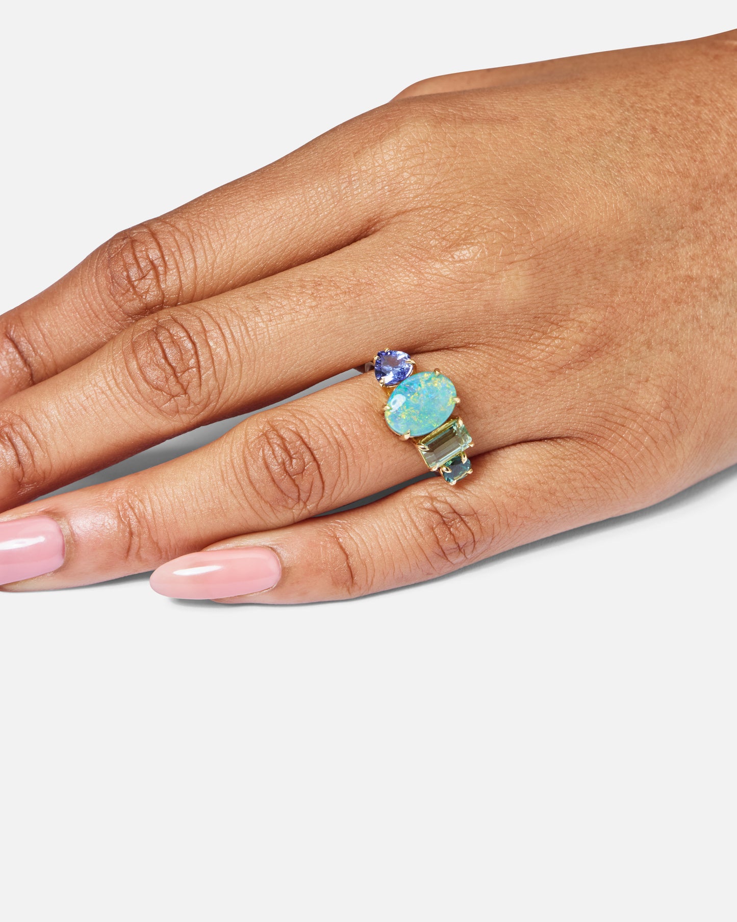 One-off Boulder Opal, Tanzanite, Green Tourmaline And Sapphire Splice Ring In 18ct Yellow Gold, Size Q (In Stock)