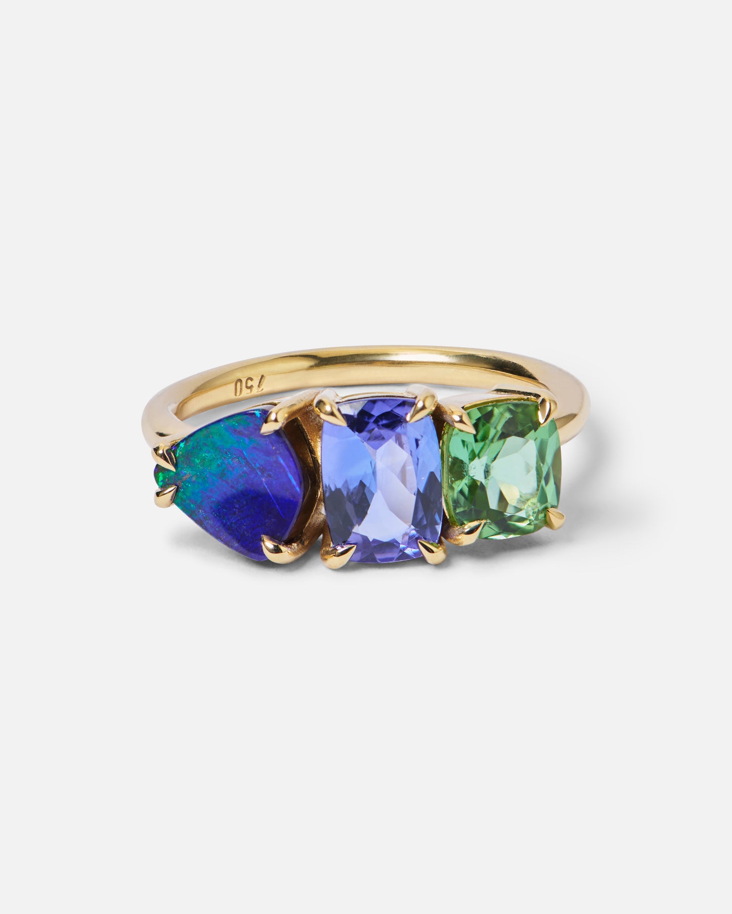 One-Off Boulder Opal, Tanzanite And Green Tourmaline Splice Ring In 18ct Yellow Gold, Size O (In Stock)