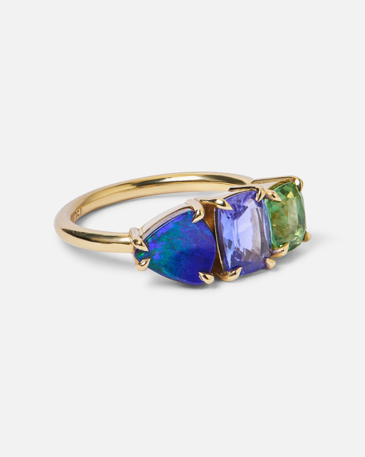 One-Off Boulder Opal, Tanzanite And Green Tourmaline Splice Ring In 18ct Yellow Gold, Size O (In Stock)