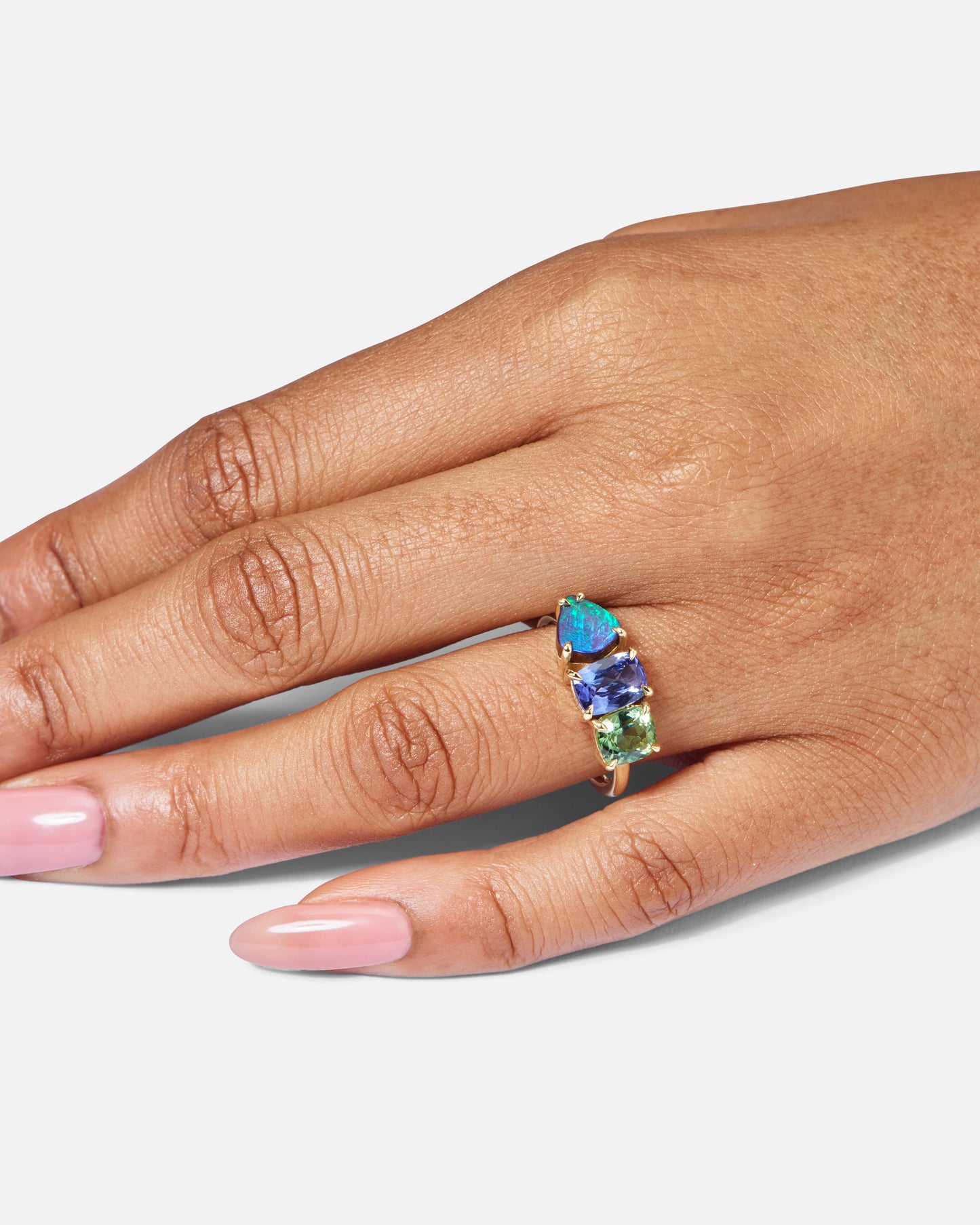 One-Off Boulder Opal, Tanzanite And Green Tourmaline Splice Ring In 18ct Yellow Gold, Size O (In Stock)