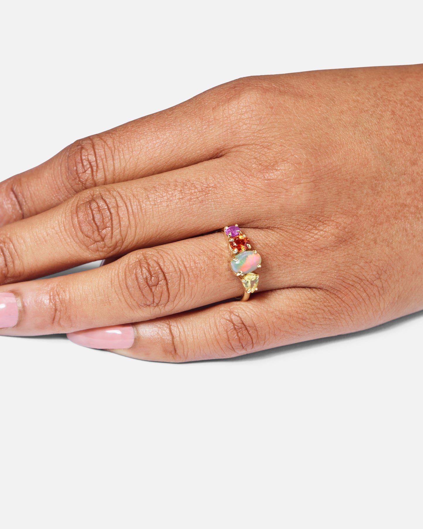 One-off Semi-Black Opal And Sapphire Splice Ring In 18ct Yellow Gold, Size M (In Stock)