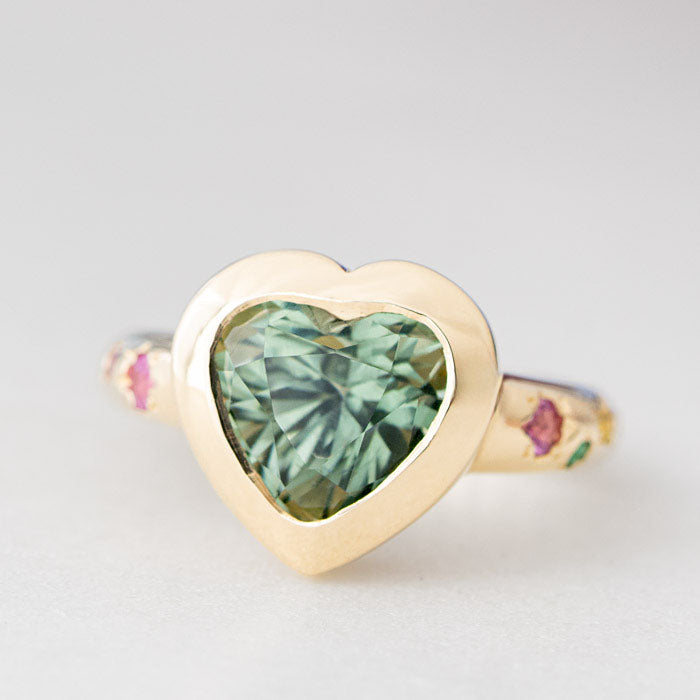 One-off Green Tourmaline Heart Ring in 9ct Yellow Gold, Size O (In Stock)
