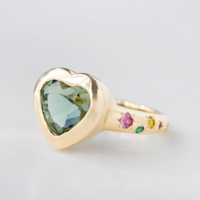 One-off Green Tourmaline Heart Ring in 9ct Yellow Gold, Size O (In Stock)