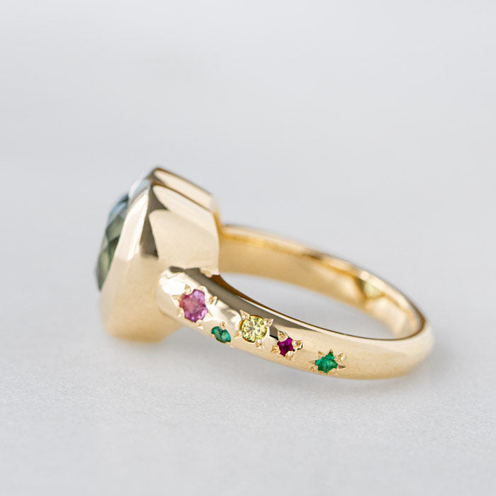 One-off Green Tourmaline Heart Ring in 9ct Yellow Gold, Size O (In Stock)