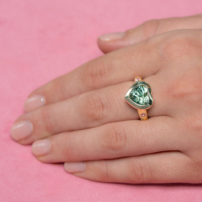One-off Green Tourmaline Heart Ring in 9ct Yellow Gold, Size O (In Stock)