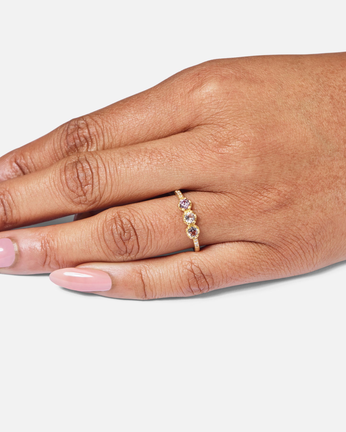 One-Off Peach Sapphire Juliet Ring In 18ct Yellow Gold, Size N and a half (In Stock)