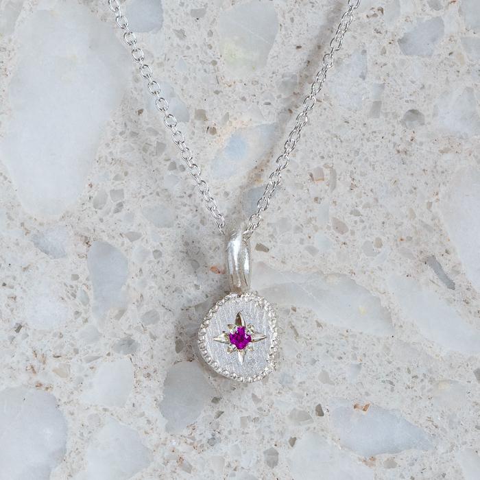 Rubble Necklace September Birthstone, Pink Sapphire, In 9ct White Gold (In Stock)