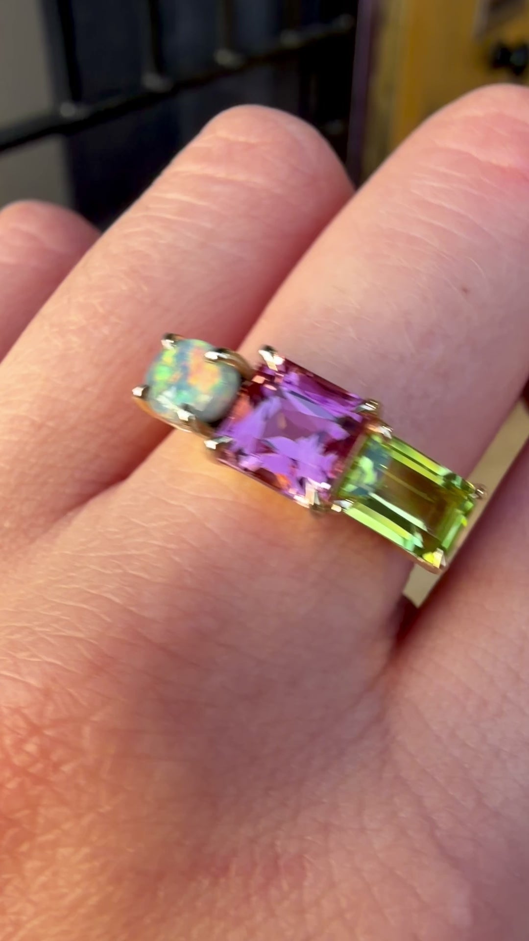 Load and play video in Gallery viewer, One-off Black Opal, Tourmaline And Peridot Splice Ring in 18ct Yellow Gold, Size P (In Stock)
