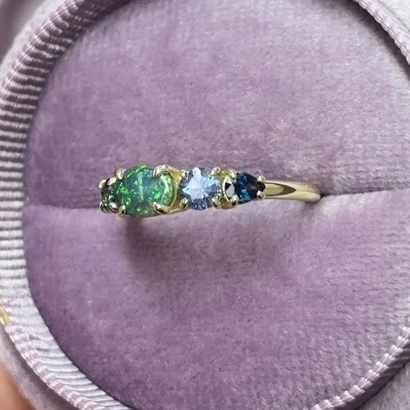 Load and play video in Gallery viewer, East West Black Opal Splice Ring In 14ct Yellow Gold, Size O (In Stock)
