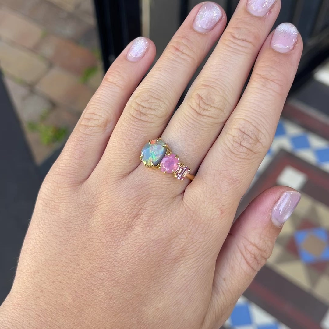Load and play video in Gallery viewer, One-off Black Opal, Milky Pink Sapphire and Spinel Splice Ring in 18ct Yellow Gold, Size O and a half (In Stock)
