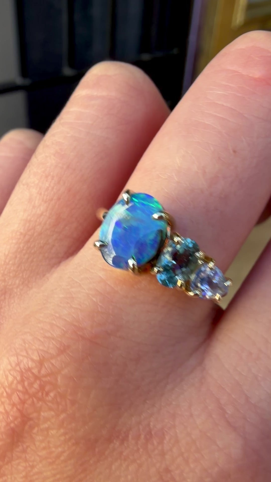 Load and play video in Gallery viewer, One-off Boulder Opal And Shades Of Blue Splice Ring in 18ct Yellow Gold, Size O (In Stock)
