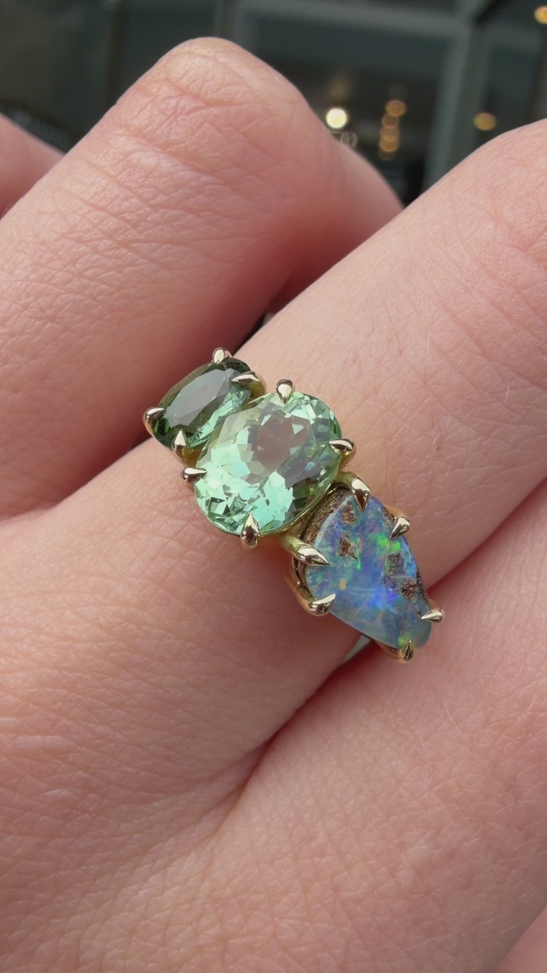 Load and play video in Gallery viewer, One-Off Boulder Opal And Green Tourmaline Splice Ring In 18ct Yellow Gold, Size M (In Stock)
