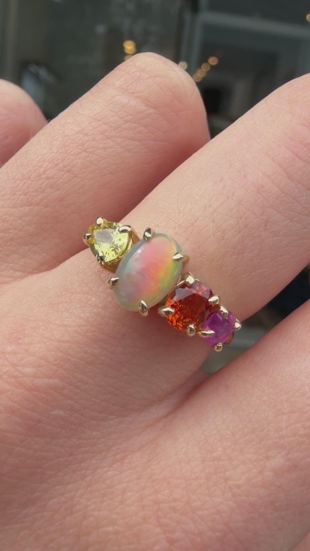Load and play video in Gallery viewer, One-off Semi-Black Opal And Sapphire Splice Ring In 18ct Yellow Gold, Size M (In Stock)
