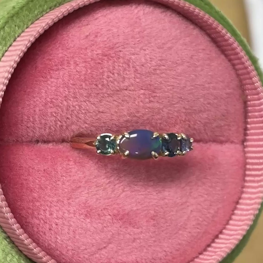 Load and play video in Gallery viewer, East West Black Opal Splice Ring in 9ct Yellow Gold, Size M (In Stock)
