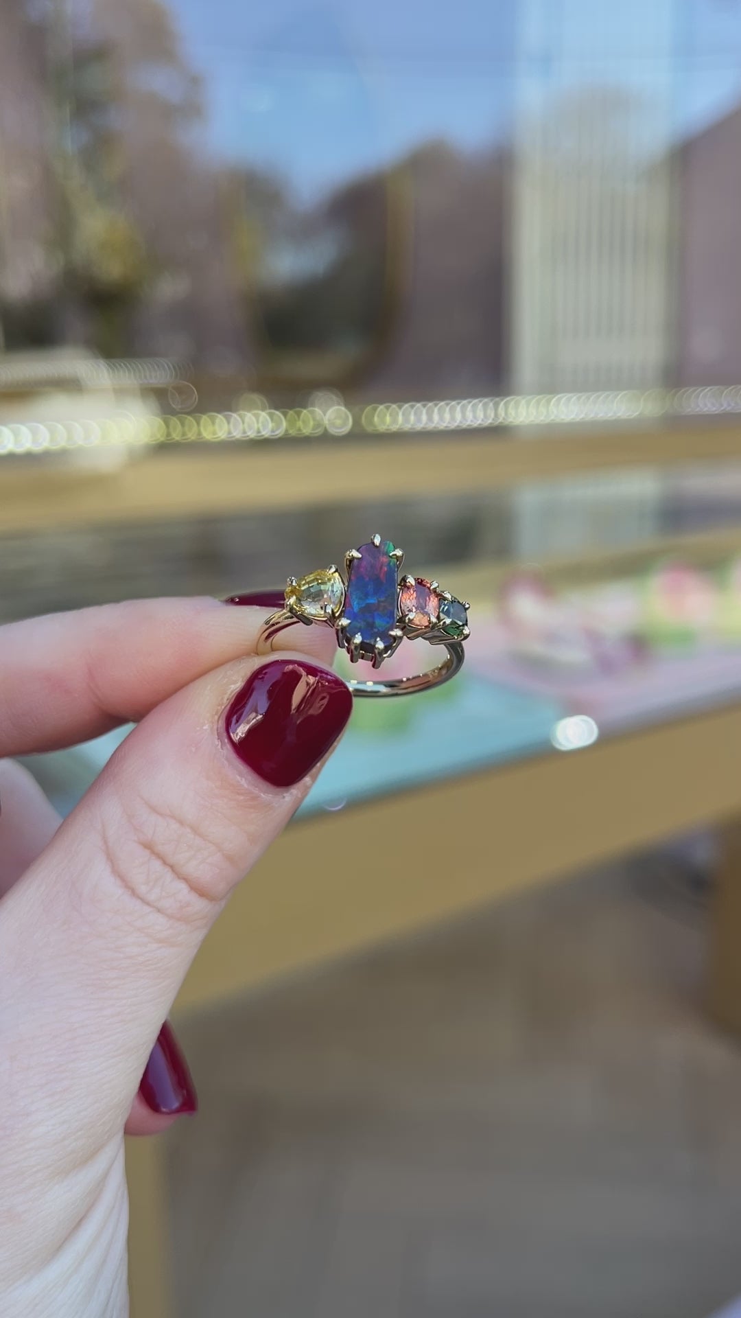 Load and play video in Gallery viewer, One-off Boulder Opal And Sapphire Splice Ring In 18ct Yellow Gold, Size P and a half (In Stock)
