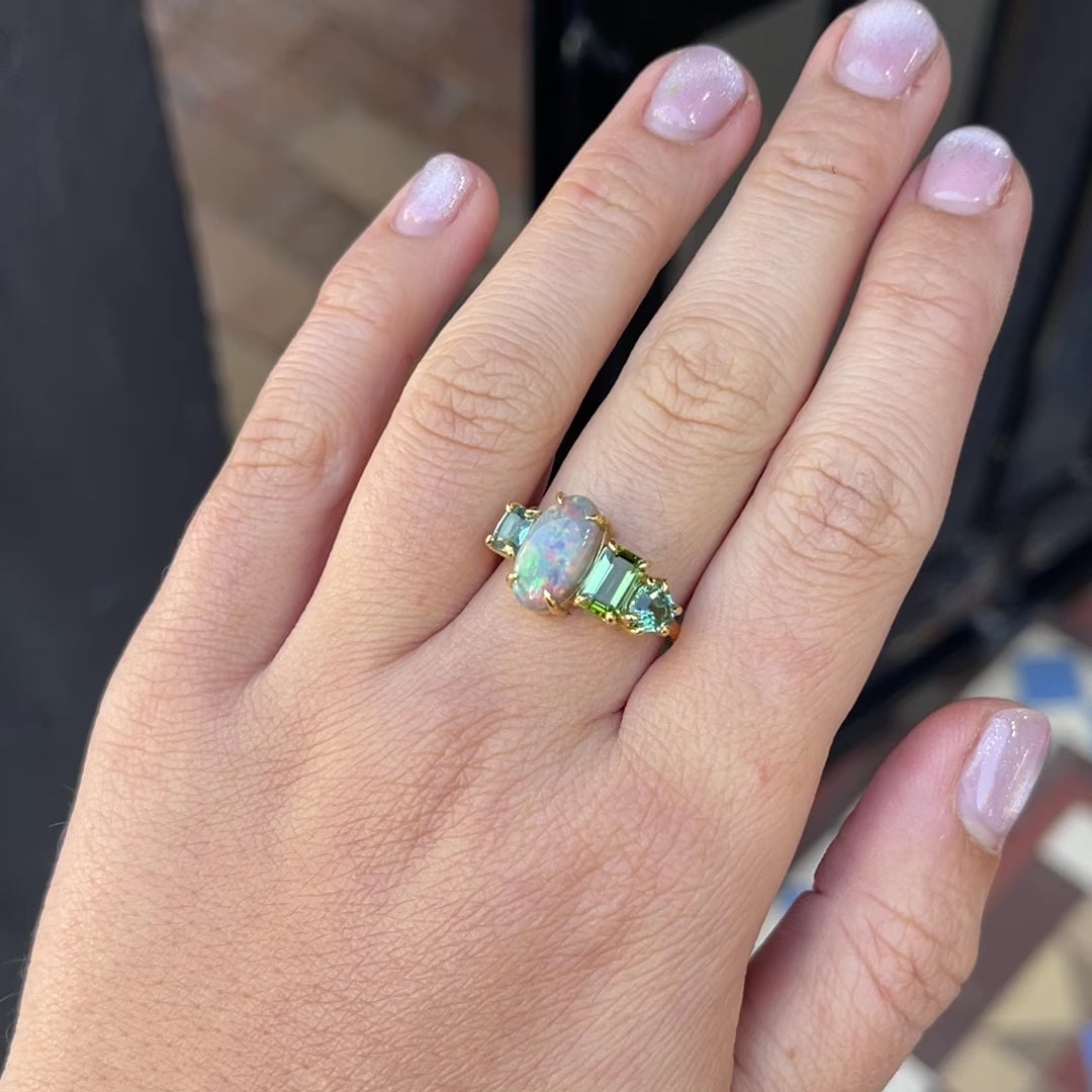 Load and play video in Gallery viewer, One-off Semi-Black Opal and Tourmaline Splice Ring in 18ct Yellow Gold, Size P (In Stock)
