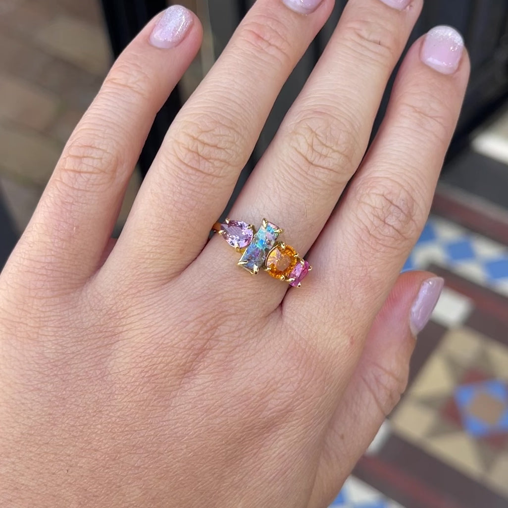 Load and play video in Gallery viewer, One-off Boulder Opal and Sapphire Splice Ring in 18ct Yellow Gold, Size O (In Stock)
