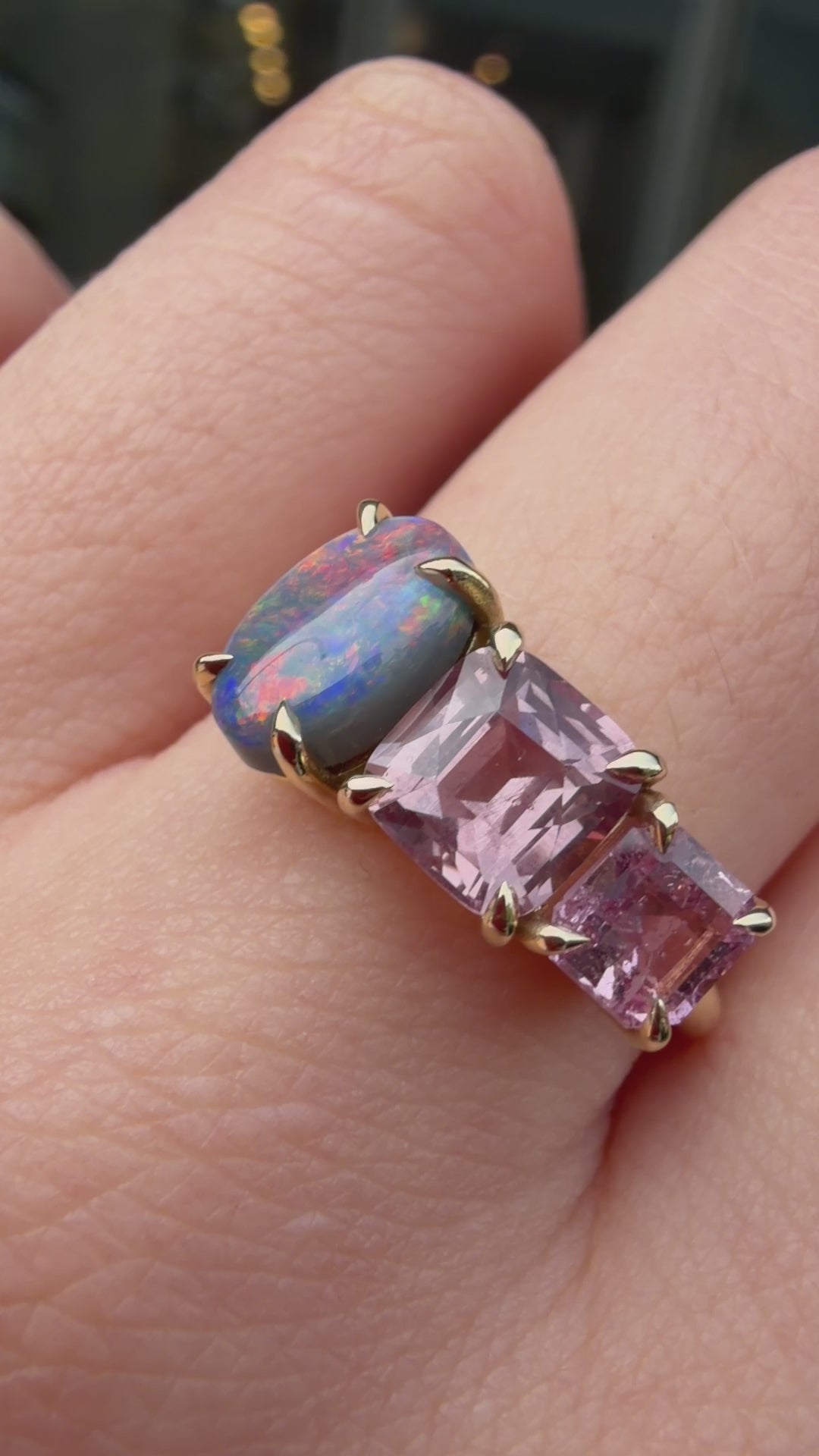 Load and play video in Gallery viewer, One-off Black Opal, Pink Garnet &amp;amp; Spinel Splice Ring In 18ct Yellow Gold, Size P (In Stock)
