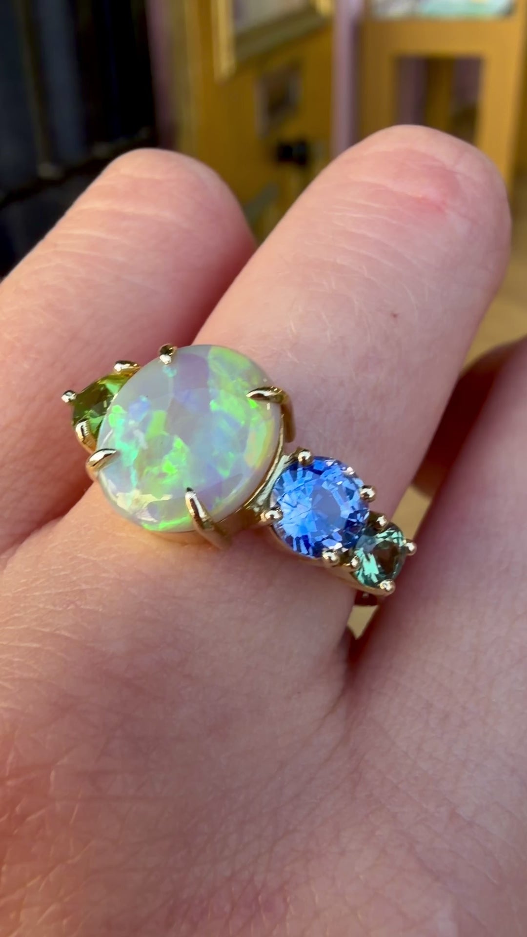 Load and play video in Gallery viewer, One-off Peridot, Crystal Opal And Blue Sapphire Splice Ring in 18ct Yellow Gold, Size Q (In Stock)
