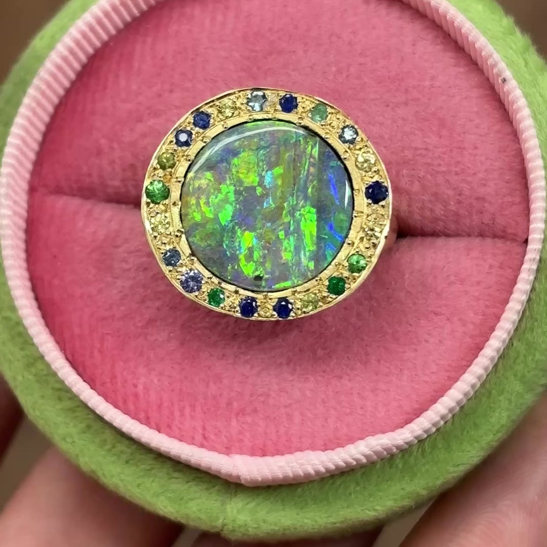 Load and play video in Gallery viewer, Boulder Opal Eclipse Ring In 18ct Yellow Gold, Size N and a half (In Stock)
