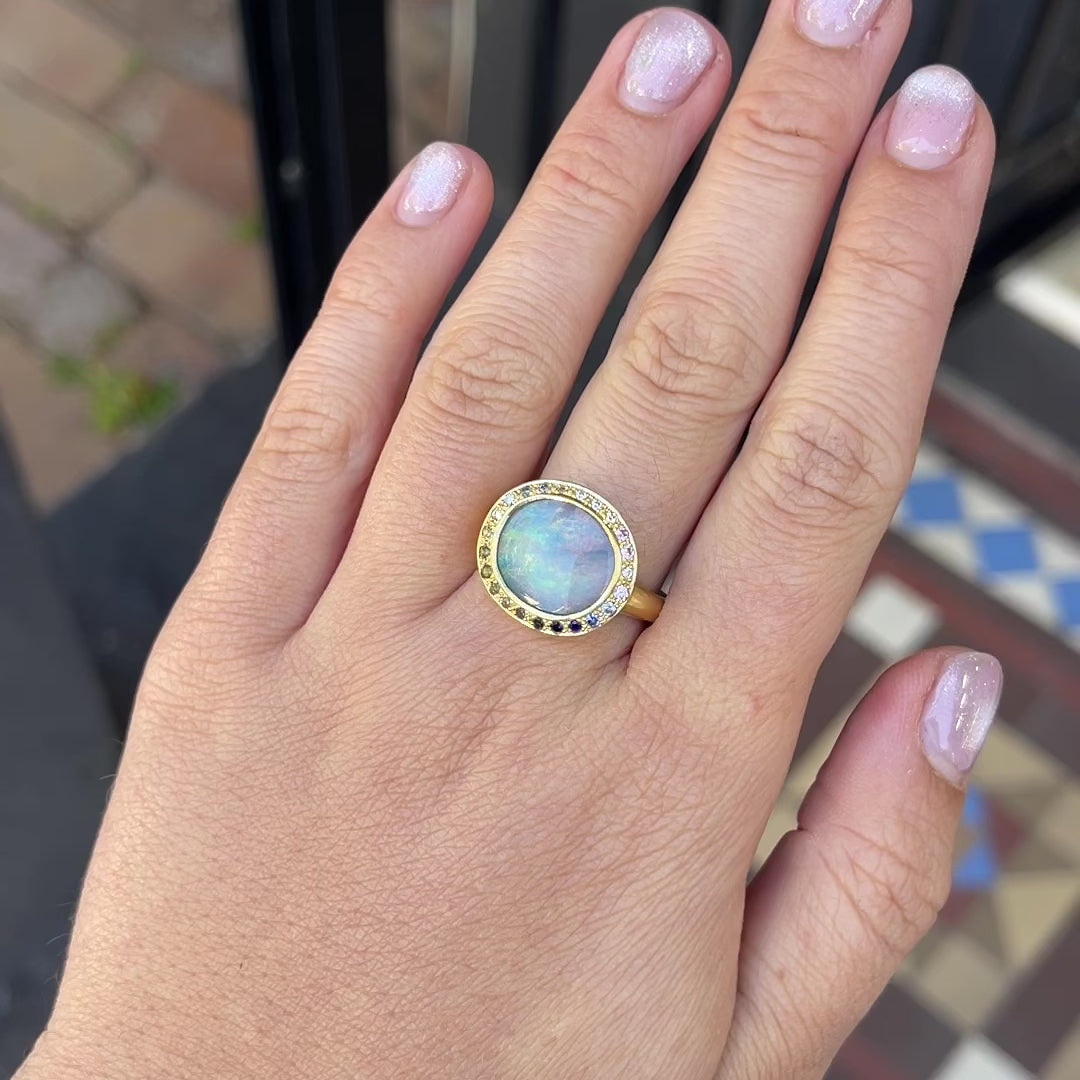 Load and play video in Gallery viewer, One-off Black Opal Eclipse Ring in 18ct Yellow Gold, Size O and a half (In Stock)
