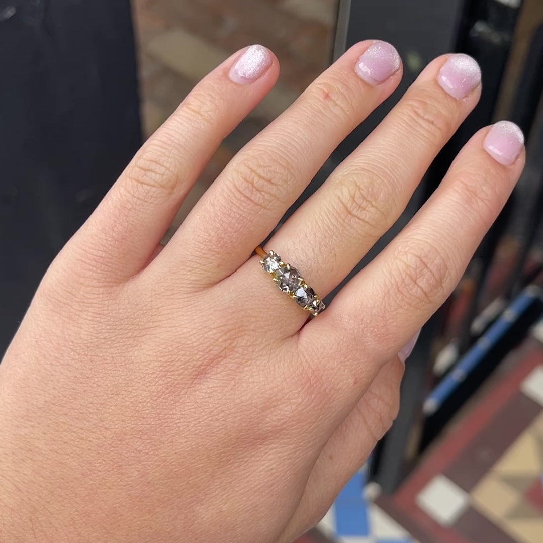 Load and play video in Gallery viewer, One-off Dark and Stormy Salt and Pepper Diamond Splice Ring in 18ct Yellow Gold, Size M (In Stock)
