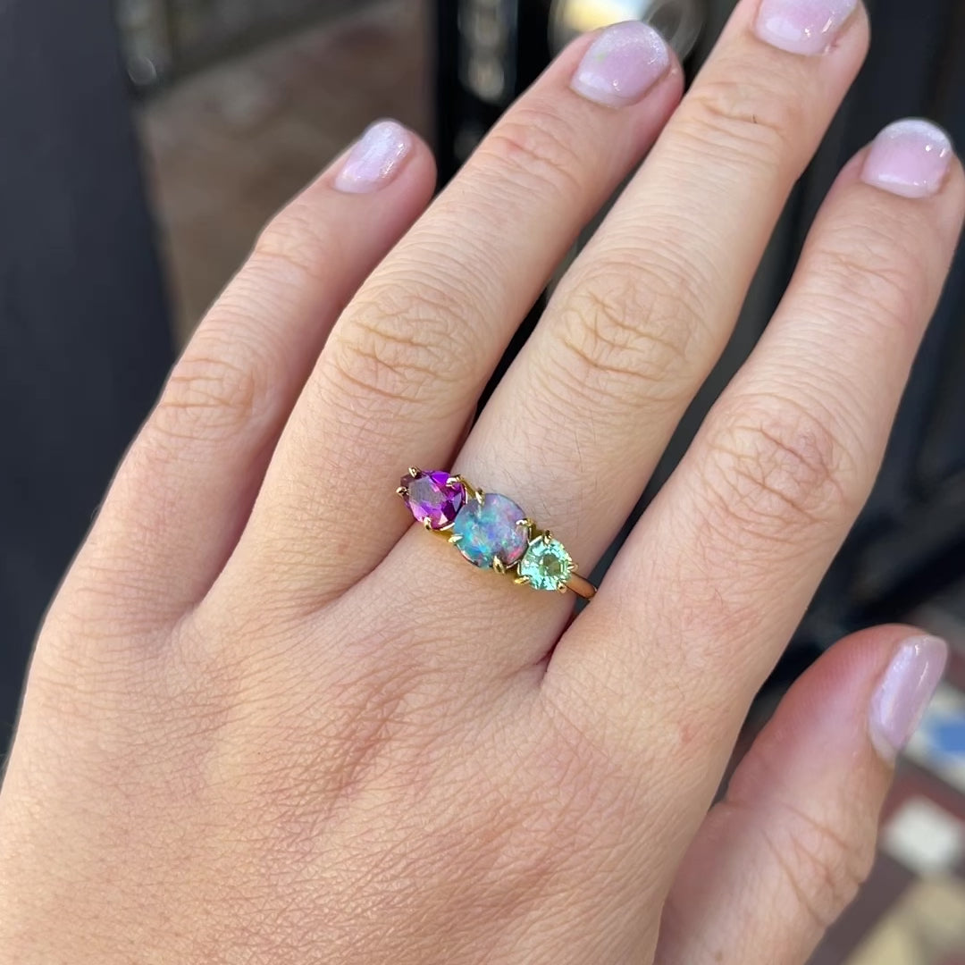 Load and play video in Gallery viewer, One-off Rhodolite Garnet, Boulder Opal and Mint Tourmaline Splice Ring in 18ct Yellow Gold, Size M (In Stock)

