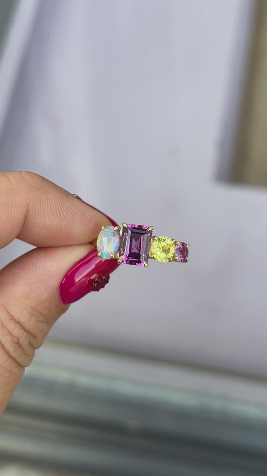 Load and play video in Gallery viewer, One-off Black Opal, Purple Garnet and Sapphire Splice in 18ct Yellow Gold, Size N (In Stock)
