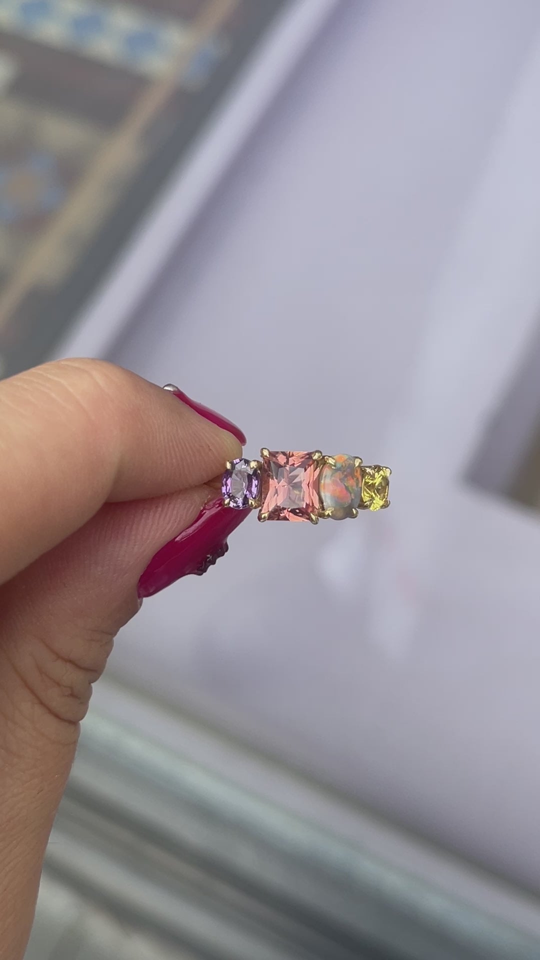 Load and play video in Gallery viewer, One-off Purple Sapphire and Semi-Black Opal Splice in 18ct Yellow Gold, Size O (In Stock)
