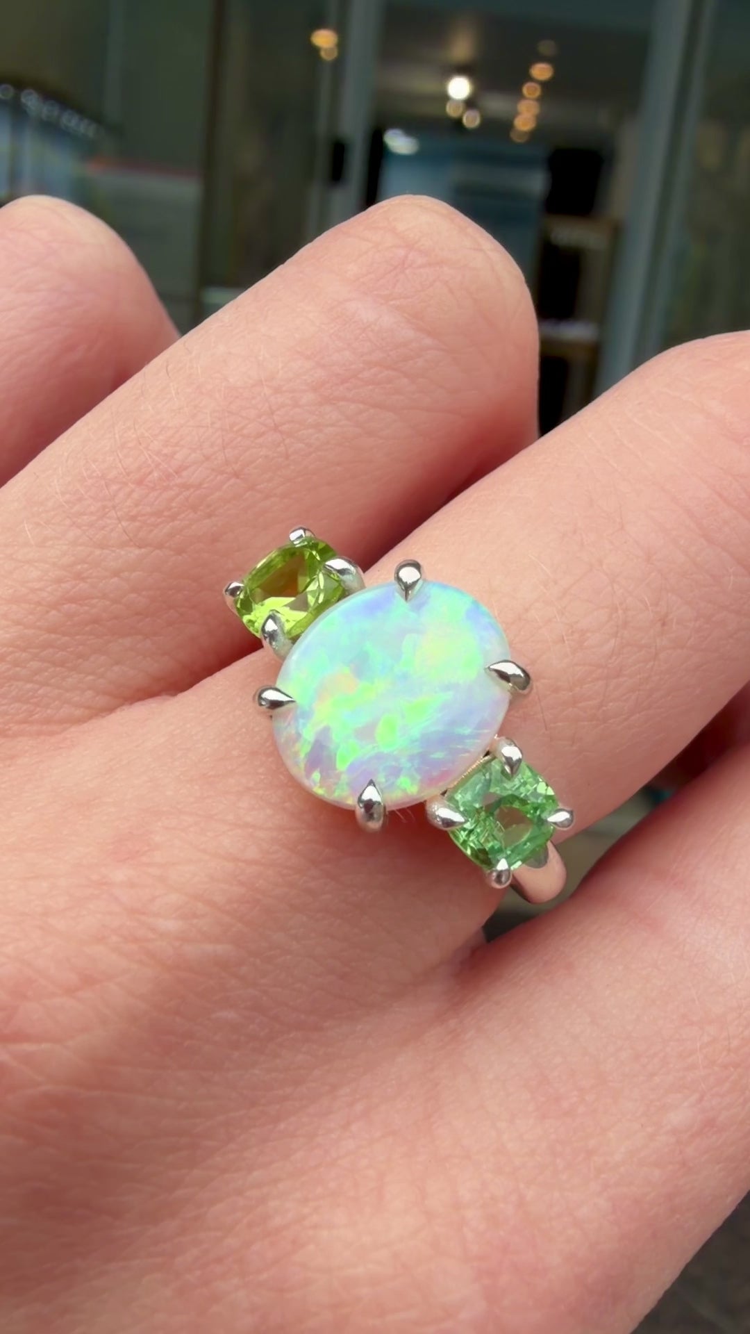 Load and play video in Gallery viewer, One-off Crystal Opal, Peridot &amp;amp; Green Tourmaline Chunky Splice Ring In Silver, Size N (In Stock)
