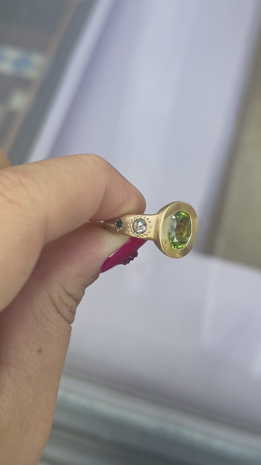 Load and play video in Gallery viewer, Peridot Sun Punch Ring in 14ct Yellow Gold, Size K (In Stock)
