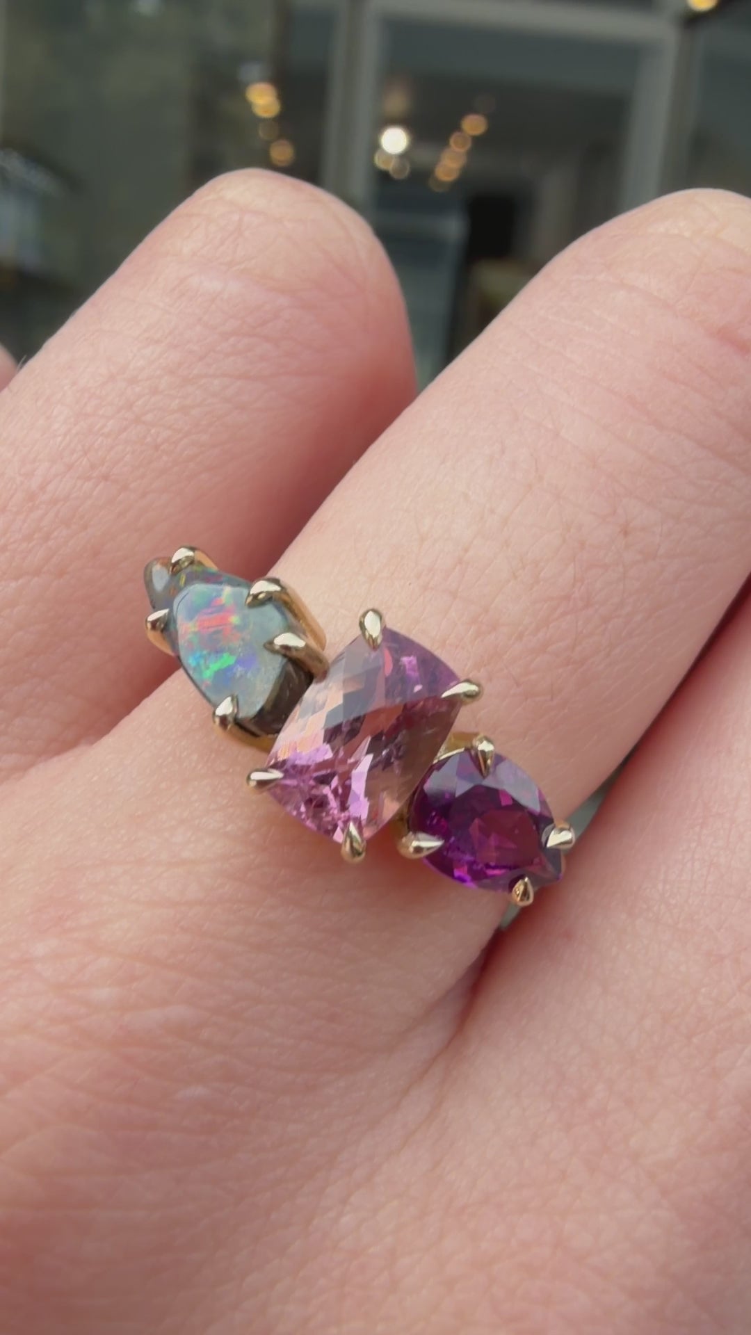 Load and play video in Gallery viewer, One-Off Boulder Opal, Pink Tourmaline And Rhodolite Garnet Splice Ring In 18ct Yellow Gold, Size N (In Stock)
