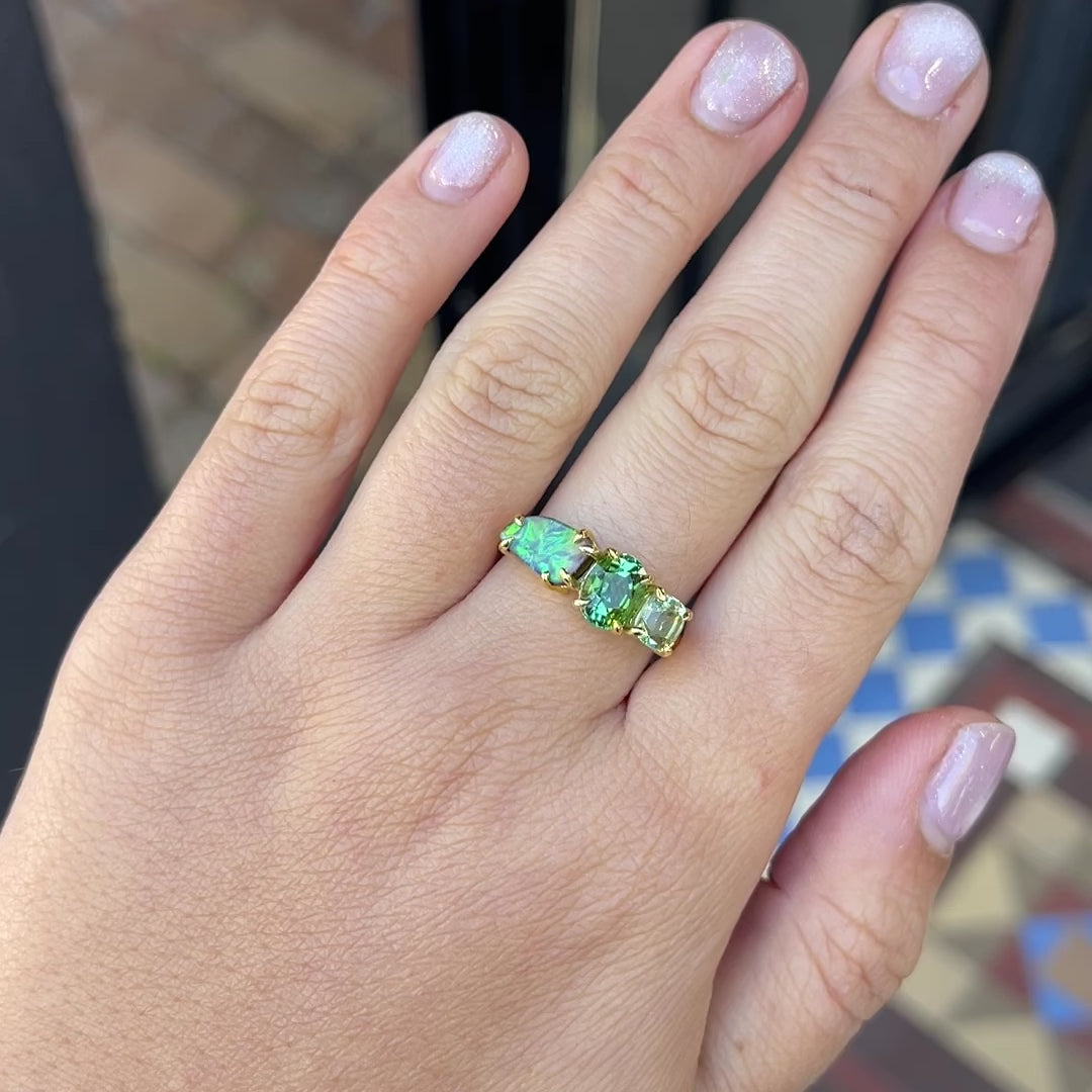 Load and play video in Gallery viewer, One-off Boulder Opal and Green Tourmaline Splice Ring in 18ct Yellow Gold, Size O (In Stock)
