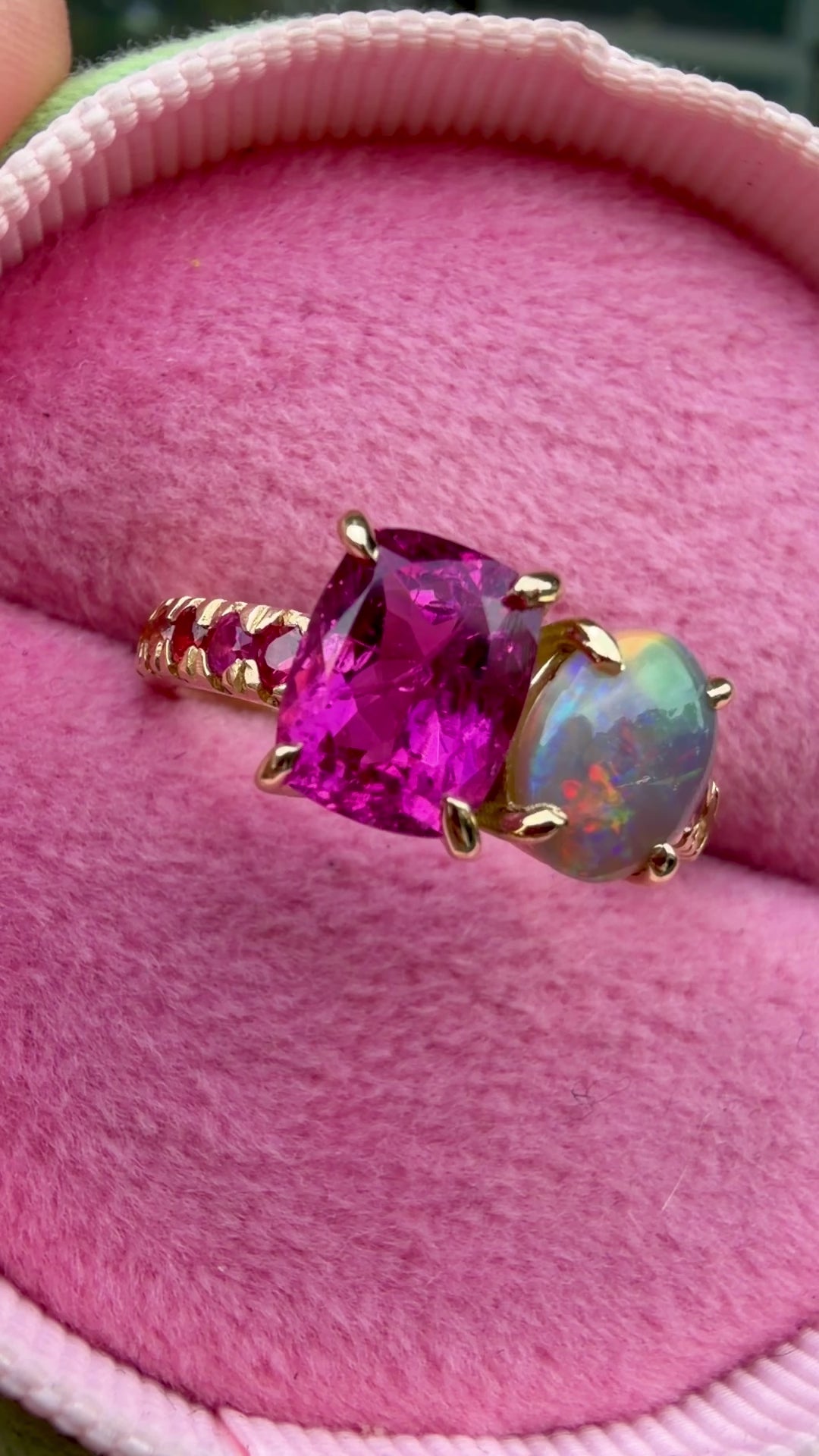 Load and play video in Gallery viewer, One-off Rubellite Tourmaline And Semi Black Opal Twin Ring in 18ct Yellow Gold, Size M (In Stock)
