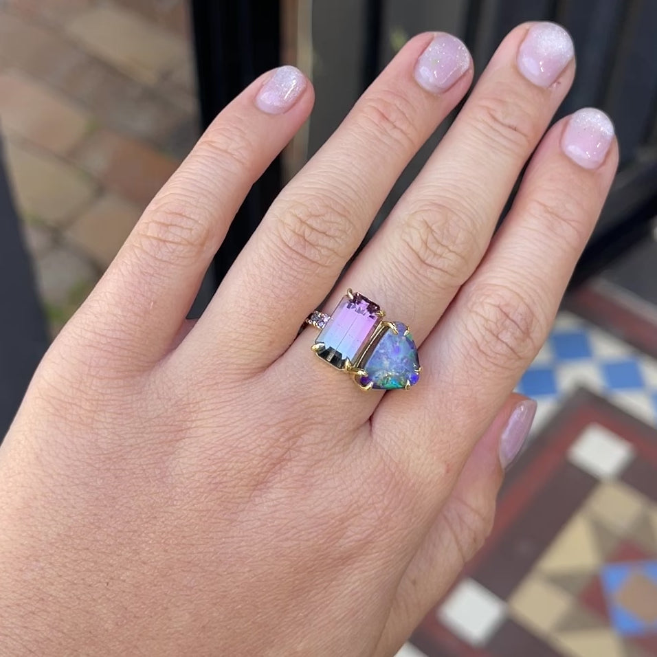 Load and play video in Gallery viewer, One-off Boulder Opal and Tourmaline Twin Ring in 18ct Yellow Gold, Size P (In Stock)
