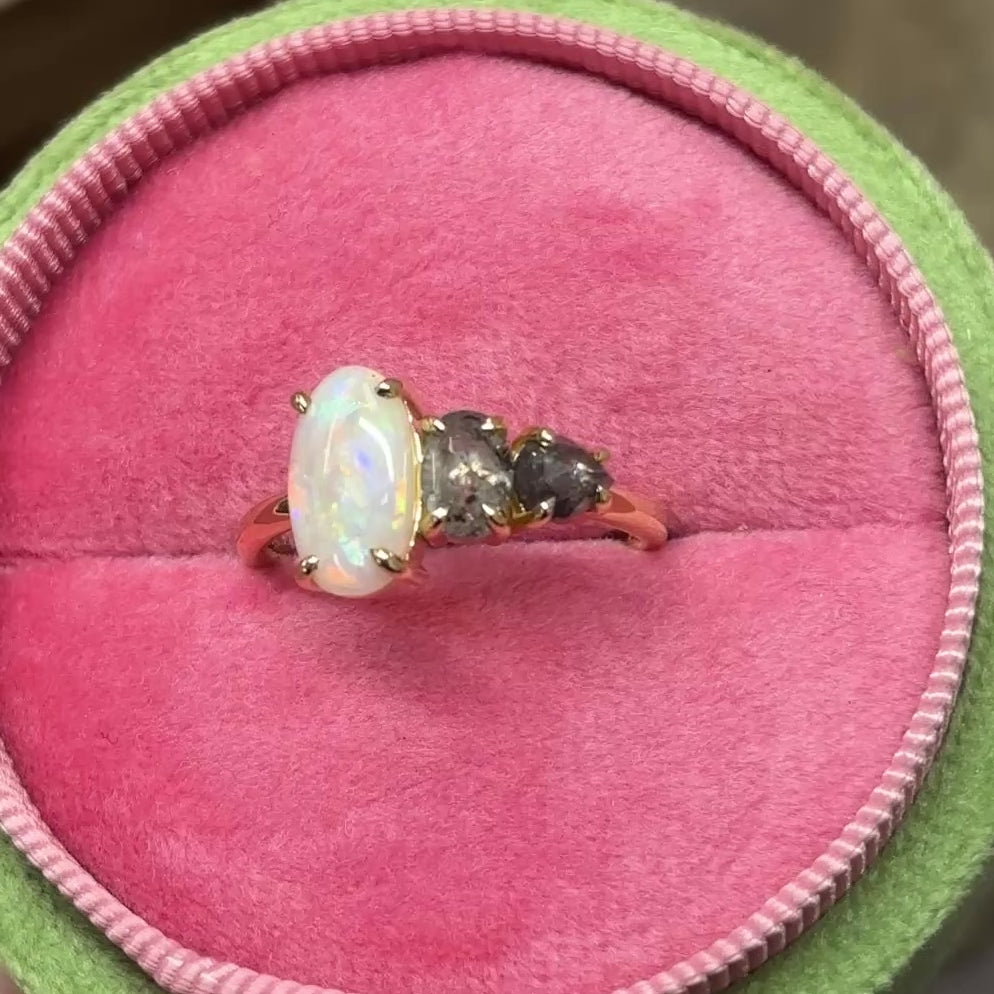 Load and play video in Gallery viewer, Opal And Diamond Right Splice Ring in 18ct Yellow Gold, Size O (In Stock)
