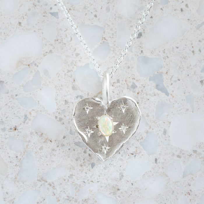 Opal And Diamond Big Heart Necklace in Silver (In Stock)