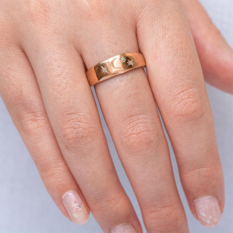 Stars and Moon Guard Band in 9ct Rose Gold, Size P (In Stock)