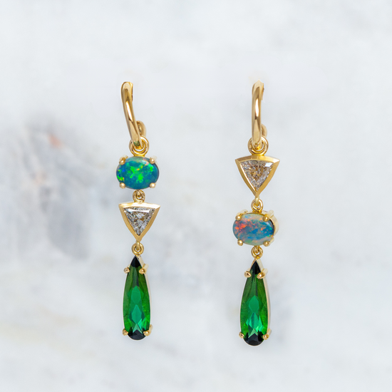 Load image into Gallery viewer, Black Opal, Salt and Pepper Diamond, Tourmaline Tetris Earrings In 18ct Yellow Gold (In Stock)
