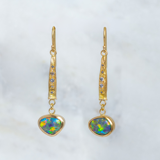 Black Opal Hatted Earrings In 18ct Yellow Gold (In Stock)