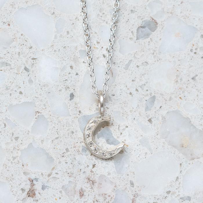 Mini Moon Diamond Necklace In Silver (In Stock)